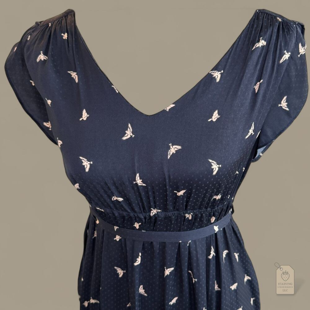 H&M Mama Navy Bird Print Dress | Flutter Sleeve Belted V-Neck | Maternity Small - Picture 2 of 9